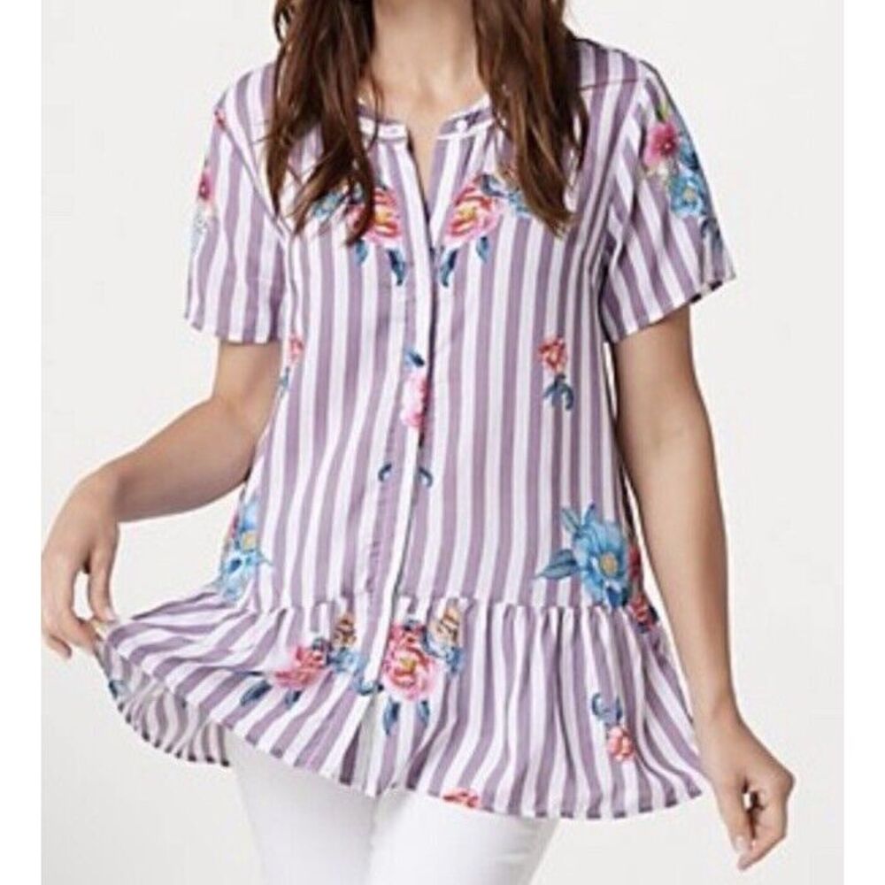 Tolani‎ Collection Printed Floral Purple Stripe Button Front Modal Top XXS NWT